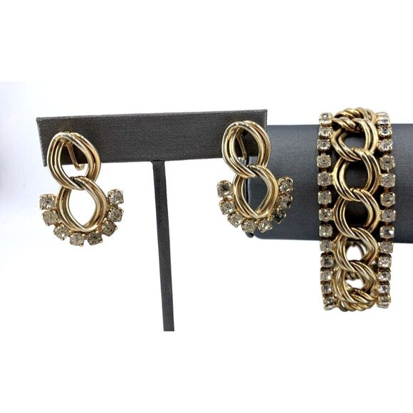 Vintage Rhinestone Bracelet and Earring Screw Back Cuban Link Gold Tone Set - Picture 1 of 12